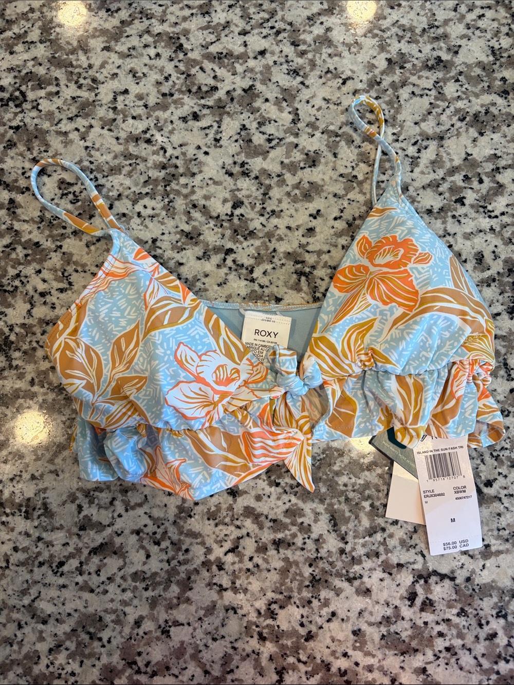 Roxy Light Blue Floral Ruffle Bikini Top with Orange Accents
